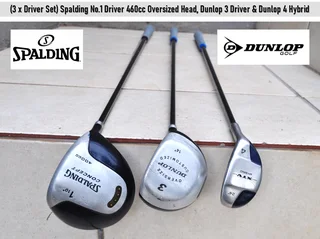 (3 x Driver Set) Spalding No.1 Driver 460cc Oversized Head, Dunlop 3 Driver &amp; Dunlop 4 Hybrid