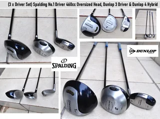 (3 x Driver Set) Spalding No.1 Driver 460cc Oversized Head, Dunlop 3 Driver &amp; Dunlop 4 Hybrid