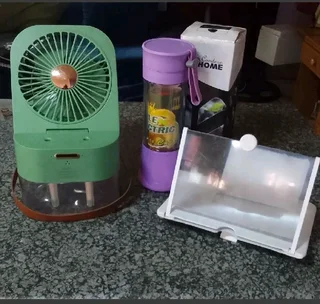 Rechargeable and portable fan and blender and screen for phone to enlarge  whille watching movies