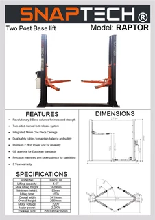 2 post car hoists/lifts (base or base-free) SNAPTECH RAPTOR/STEALTH - best priced quality lifts