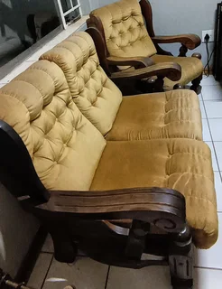 6 seater velvet touch lounge suite with wooden arms
