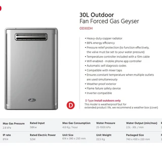 SUMMER SPECIAL-THE CUTTING EDGE 30L DEWHOT FAN FORCED GAS OUTDOOR GEYSER.