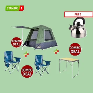 Combo 1 Oztrail Fast Frame 4-person Tent + 2x Titan Armchairs, Camp Table + Free Kettle.