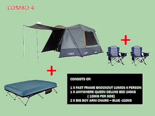 The Oztrail Fast Frame Blockout Lumos 4p Tent, X2 Big Boy Chairs &amp; Anywhere Queen Deluxe..