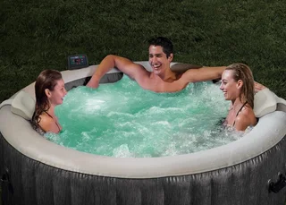 SUMMER SLASH ON THE INTEX 4 PERSON GREYWOOD DELUXE ROUND BUBBLE SPA.