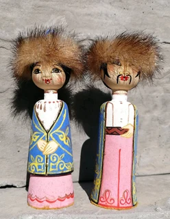 Pair Hand Painted Mongolian Wood Dolls - Fur Hats - Man And Woman 11.5 cm H