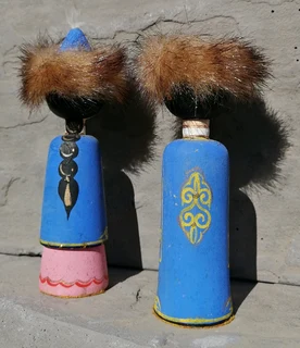 Pair Hand Painted Mongolian Wood Dolls - Fur Hats - Man And Woman 11.5 cm H