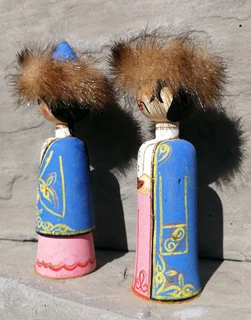 Pair Hand Painted Mongolian Wood Dolls - Fur Hats - Man And Woman 11.5 cm H