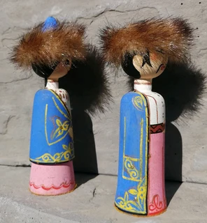 Pair Hand Painted Mongolian Wood Dolls - Fur Hats - Man And Woman 11.5 cm H