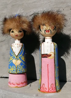 Pair Hand Painted Mongolian Wood Dolls - Fur Hats - Man And Woman 11.5 cm H