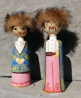 Pair Hand Painted Mongolian Wood Dolls - Fur Hats - Man And Woman 11.5 cm H