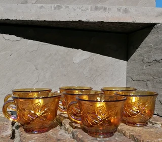 Vtg Iridescent Carnival Gold Tea Punch Bowl Harvest Grapes Replacement Cups