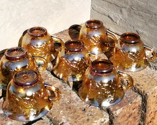 Vtg Iridescent Carnival Gold Tea Punch Bowl Harvest Grapes Replacement Cups