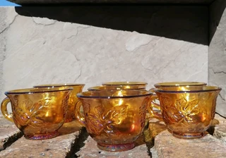 Vtg Iridescent Carnival Gold Tea Punch Bowl Harvest Grapes Replacement Cups