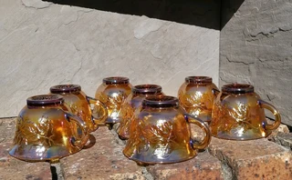 Vtg Iridescent Carnival Gold Tea Punch Bowl Harvest Grapes Replacement Cups