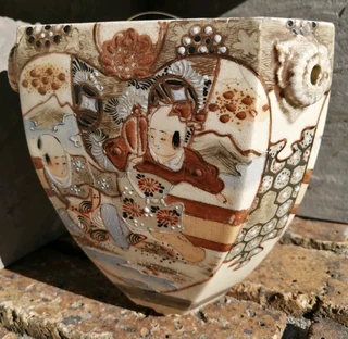 Rare Antique Satsuma Hanging Vase unusual Triangular style