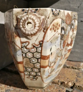 Rare Antique Satsuma Hanging Vase unusual Triangular style