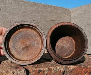 Vtg Lidded Decor Barrel Solid Wood Baby Barrel Storage Jar 13 cm H