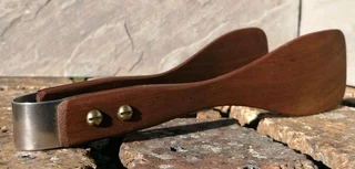 Vtg Wood Tongs w/Brass &amp; Stainless steel