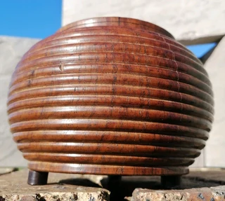 Vtg Ribbed Wood Candy Jar Lidded