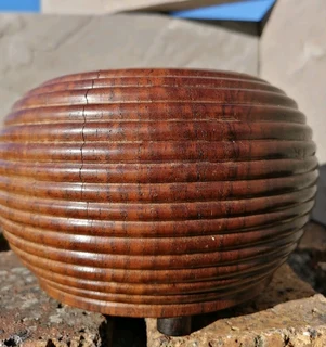 Vtg Ribbed Wood Candy Jar Lidded