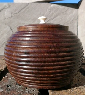 Vtg Ribbed Wood Candy Jar Lidded