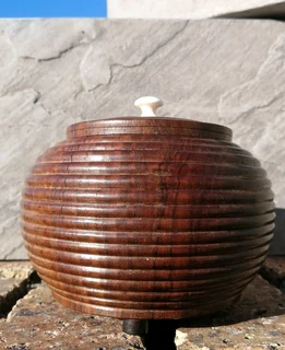 Vtg Ribbed Wood Candy Jar Lidded