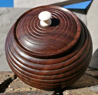 Vtg Ribbed Wood Candy Jar Lidded