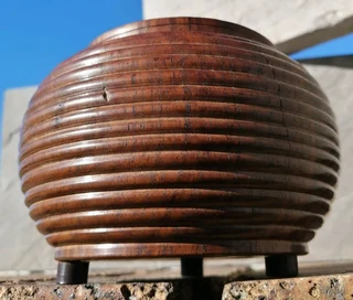 Vtg Ribbed Wood Candy Jar Lidded