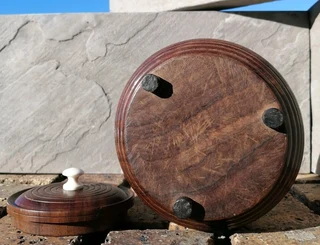 Vtg Ribbed Wood Candy Jar Lidded