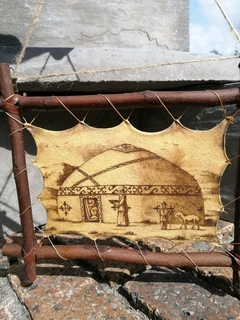 Kazakh Painting in Twig Stretcher Signed