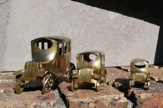 Vtg Set Brass Cars Antique Style