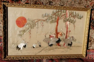 Vintage Oriental Embroidered Silk Bird Picture