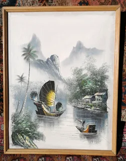 Impasto Oil on Canvas Board - Chinese Junk Boats