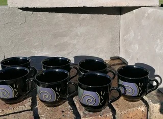 7 Black Glass Cappuccino Cups Arcoroc Tempico Pattern France