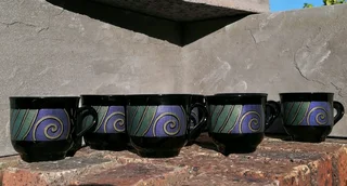 7 Black Glass Cappuccino Cups Arcoroc Tempico Pattern France