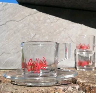 vtg Italian Glass Espresso 12 piece Set w Coffee in Red Font