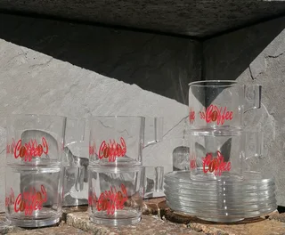 vtg Italian Glass Espresso 12 piece Set w Coffee in Red Font