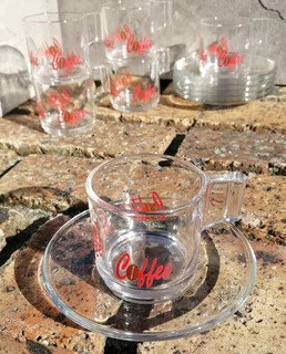 vtg Italian Glass Espresso 12 piece Set w Coffee in Red Font