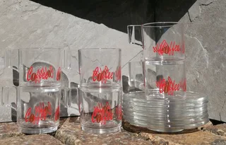 vtg Italian Glass Espresso 12 piece Set w Coffee in Red Font