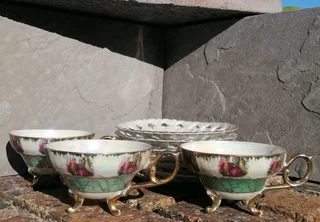Romantic Opalescent Porcelain Teacups + Saucers