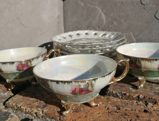 Romantic Opalescent Porcelain Teacups &#43; Saucers
