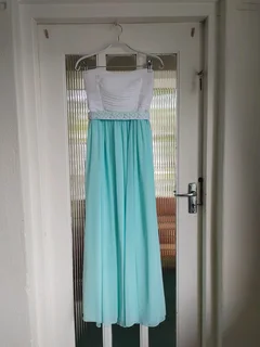 White and turquoise formal dress