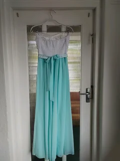 White and turquoise formal dress