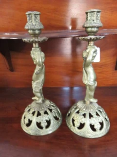 Pair of vintage cherub gilded bronze candlesticks