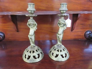 Pair of vintage cherub gilded bronze candlesticks
