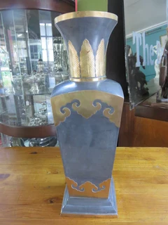 Large pewter and brass vase