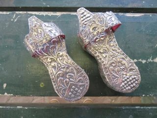 Pair of vintage Turkish wooden and silver overlaid clogs