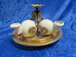 JL Encrier Bascule (Paris) porcelain & brass snail-form inkwell