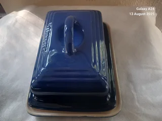 A Le Creuset azure blue butter dish